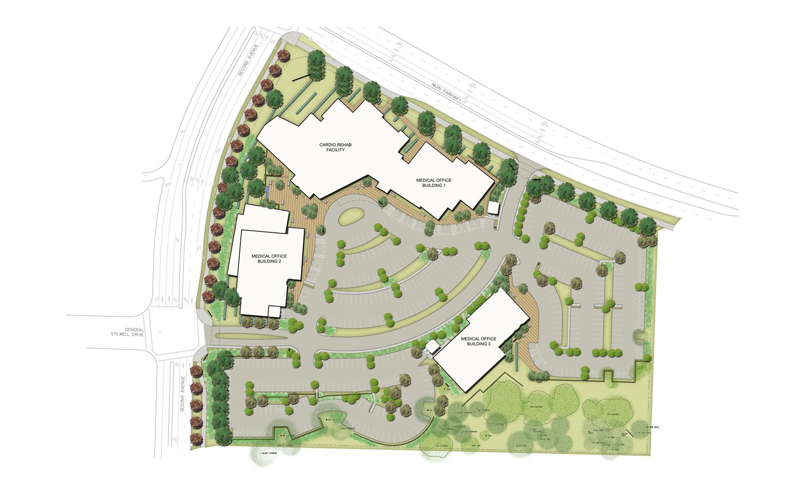 Rendered site plan with buildings and parking area
