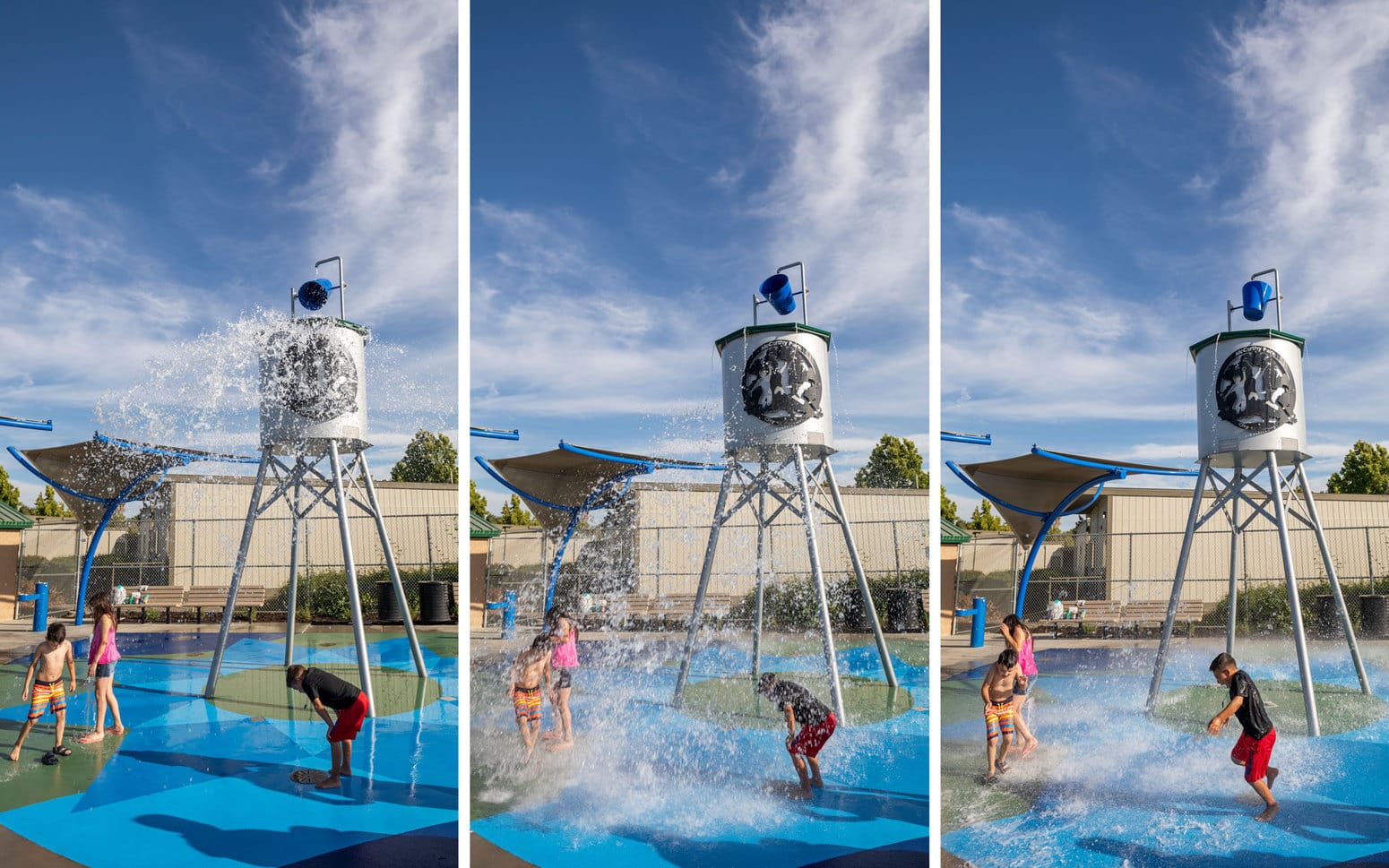 3 photos side by side showing bucket splashing water on playing children