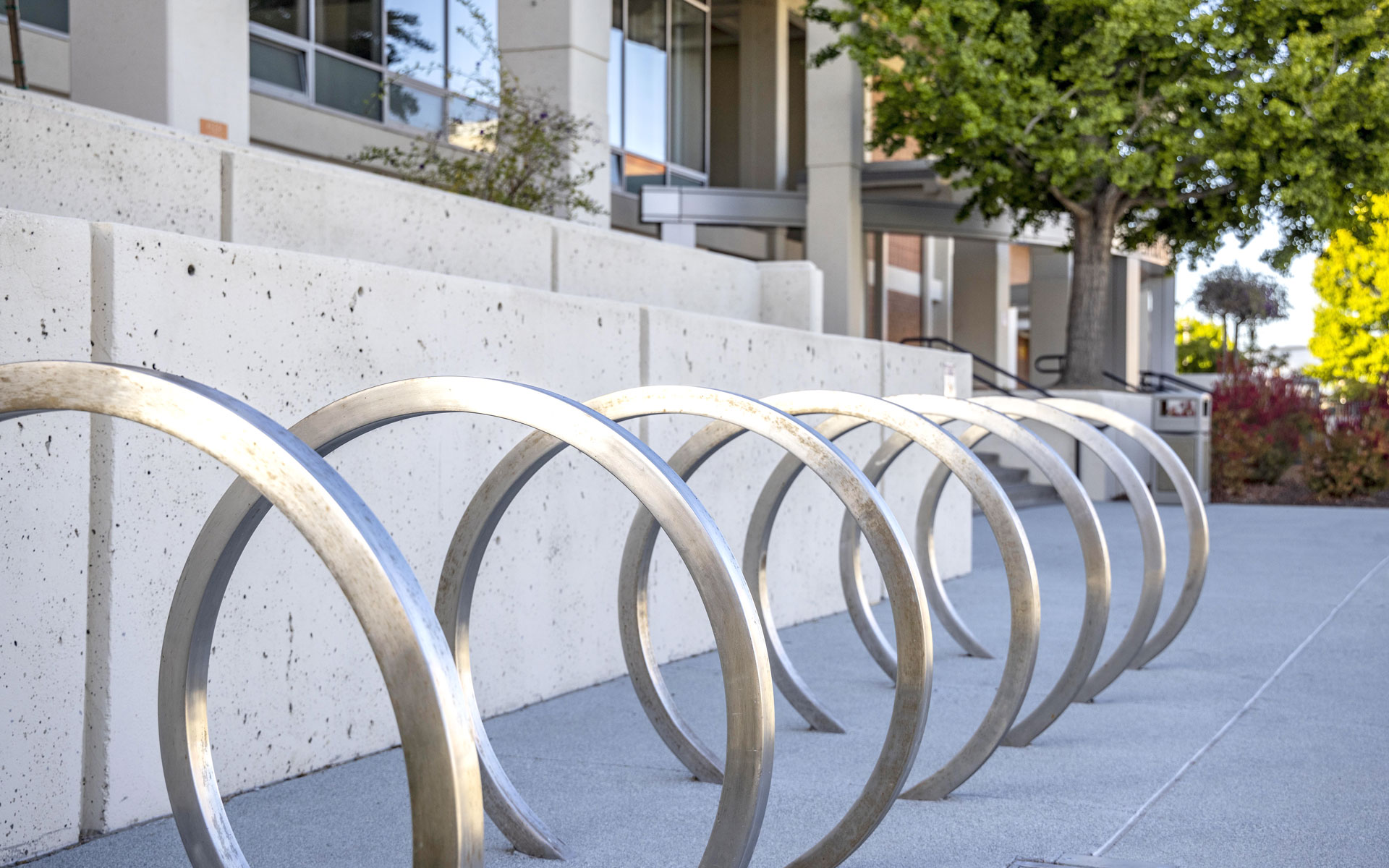 Round bicycle racks set in concrete
