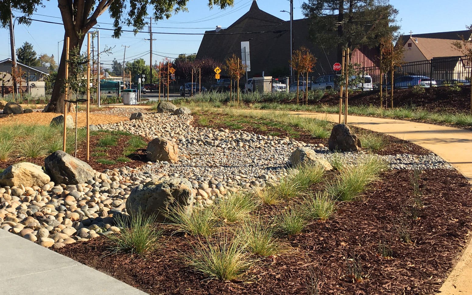 The bioswale with rocks, gravel and plantings