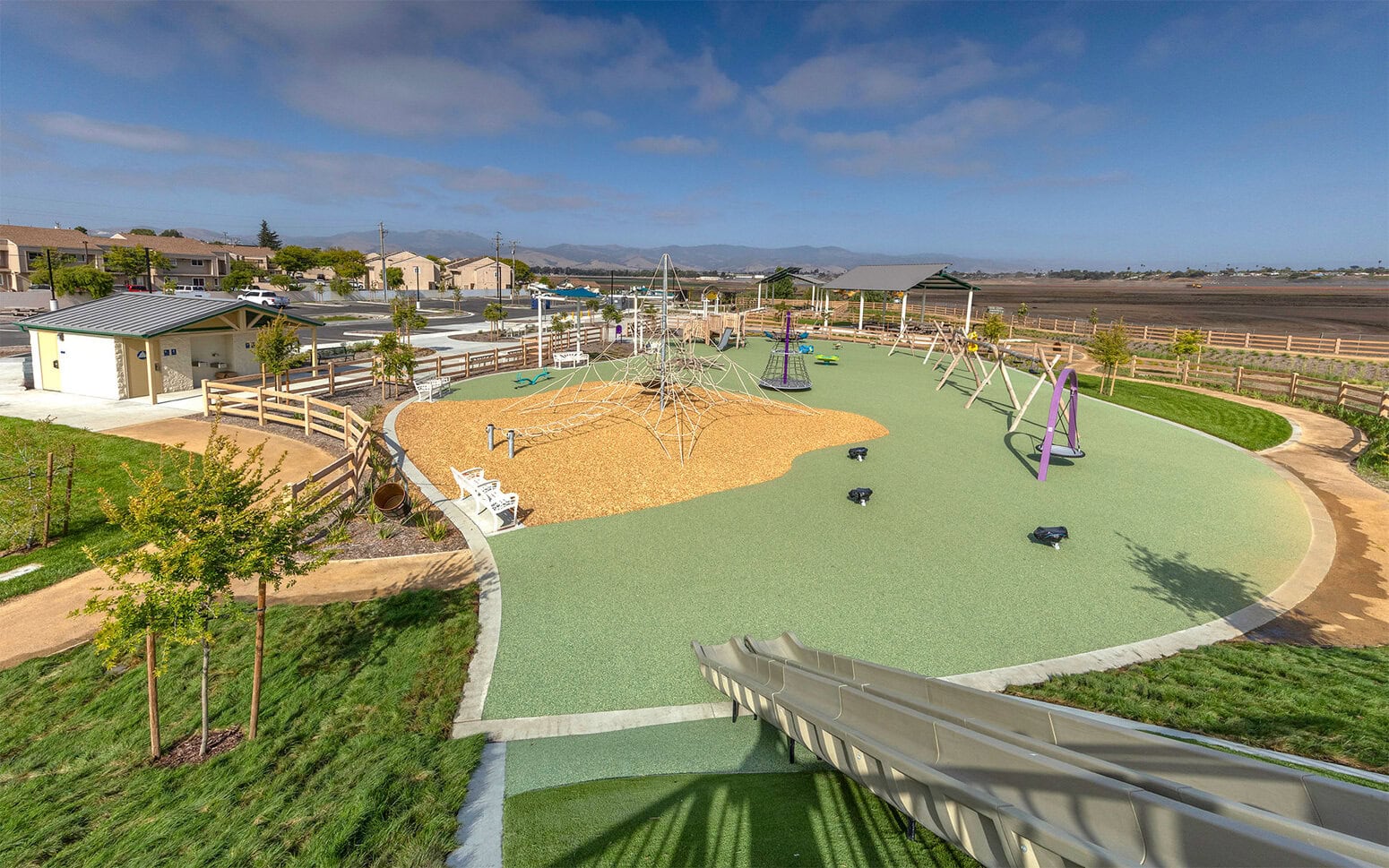 Play area and restroom looking down from the top of the slide