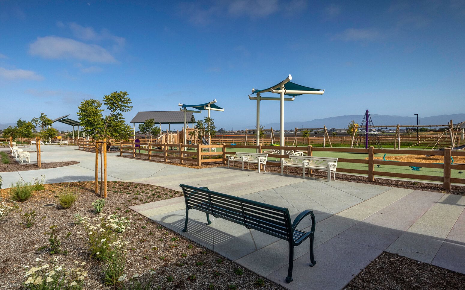 Park benches looking at play area