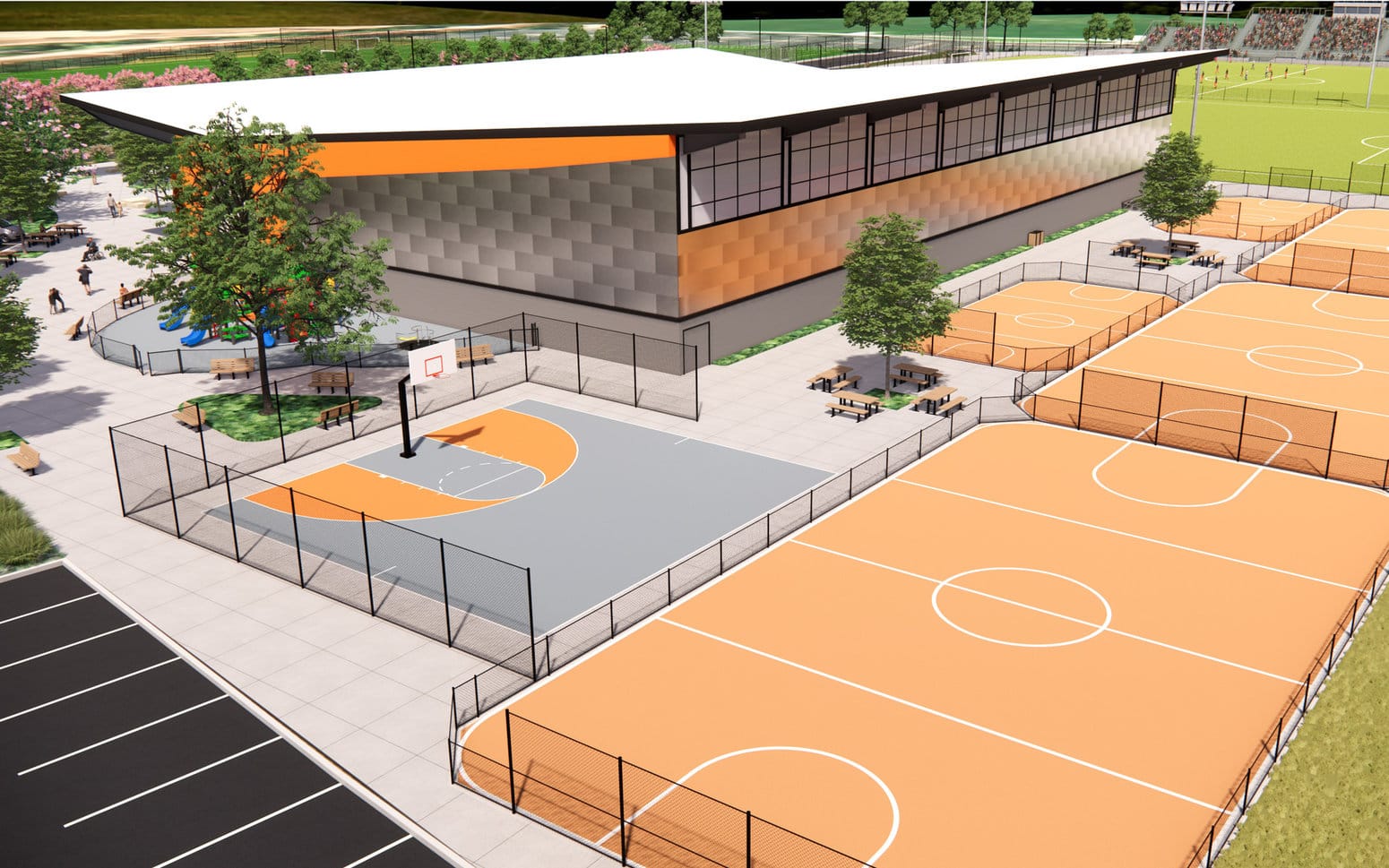 3D rendering of indoor soccer building and outdoor sports courts