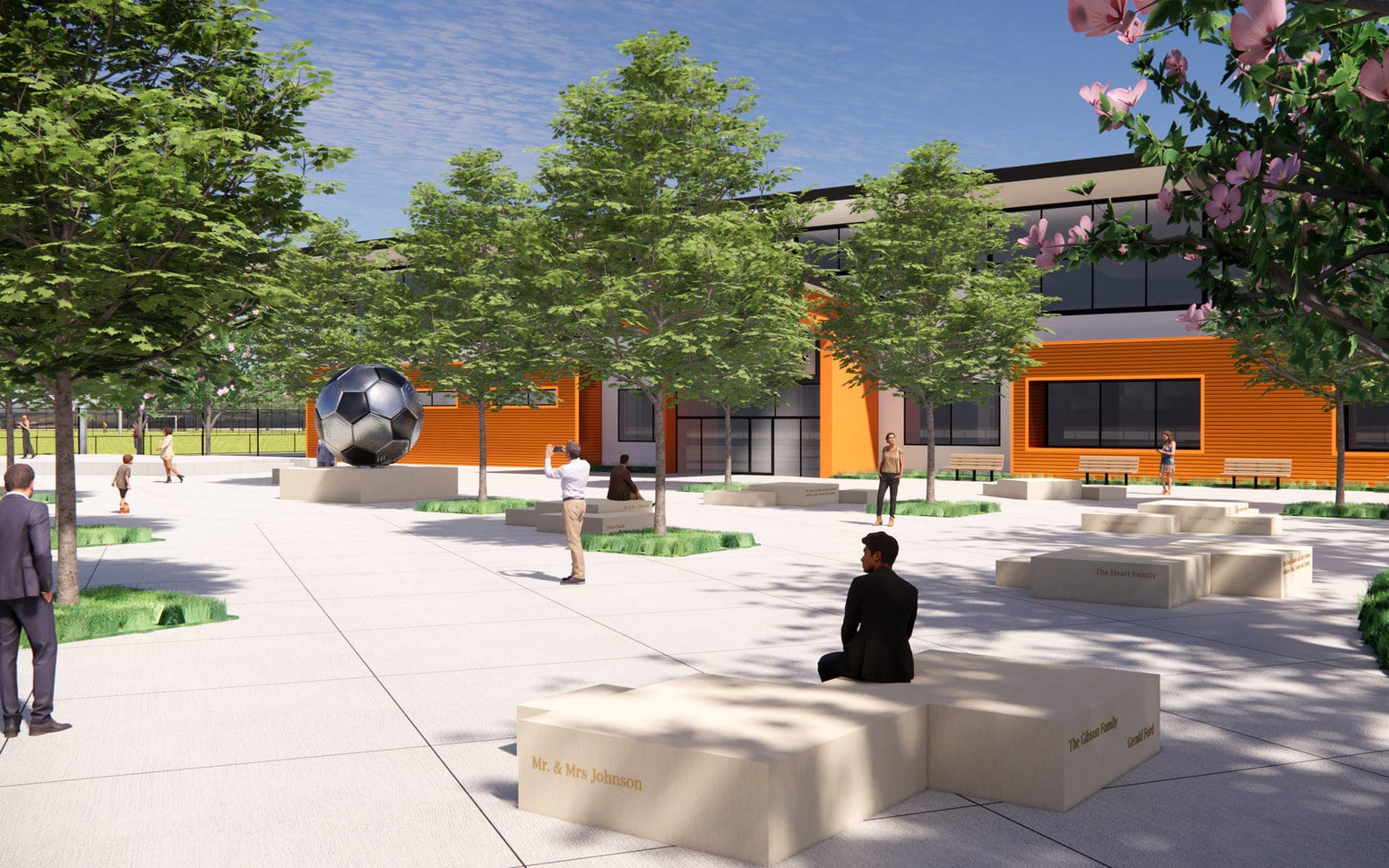 3D rendering of indoor soccer building and plaza